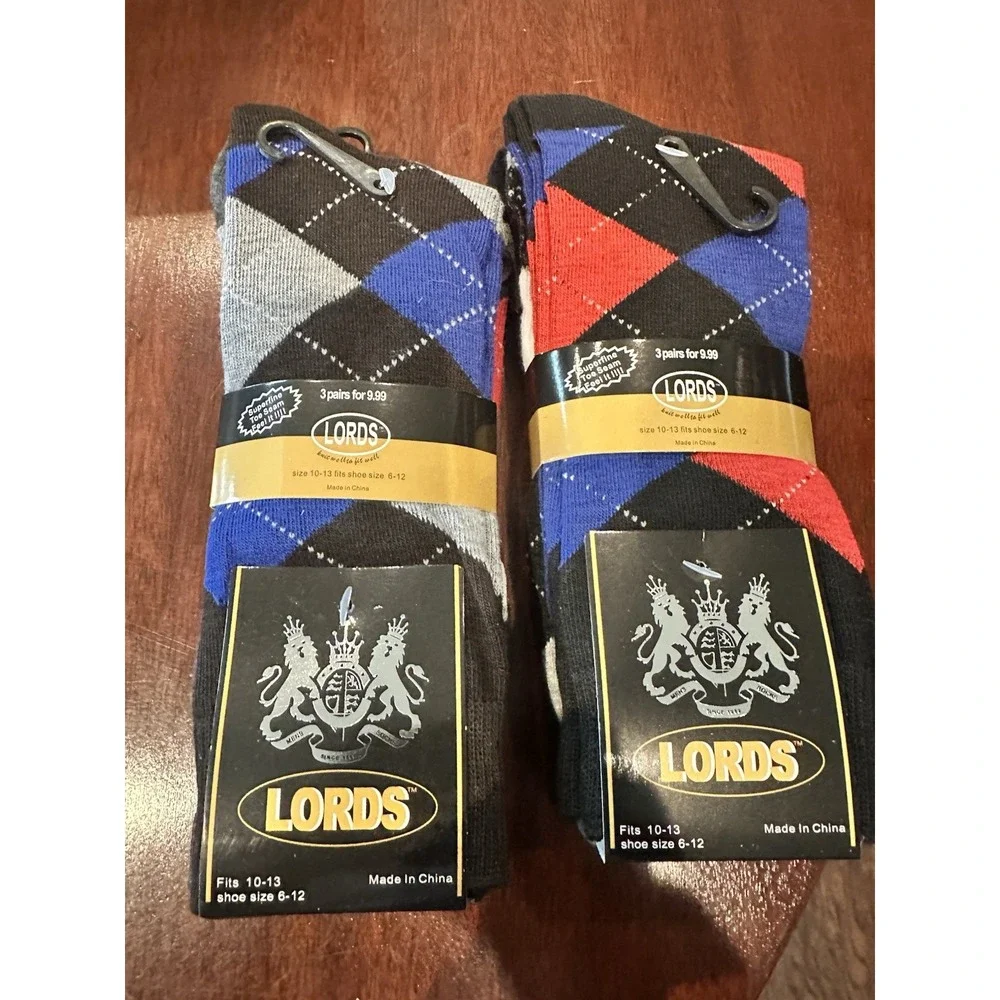 6‎ PAIRS NEW LORDS ARGYLE 90% COTTON DRESS SOCKS SIZE 10-13 MULTI COLOR